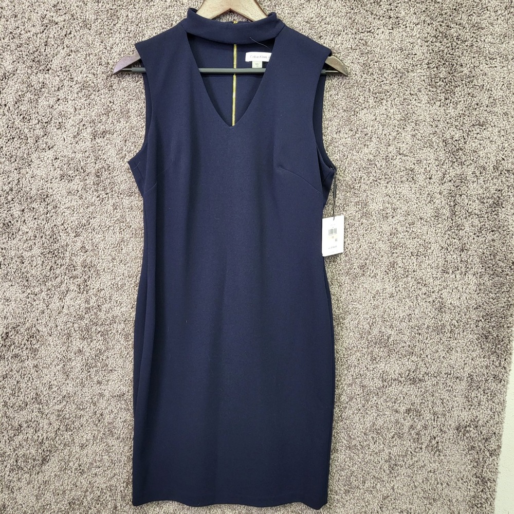 Calvin Klein Sheath Dress Women 10 Navy NEW Choker Neck Gold Zip CD7C135V